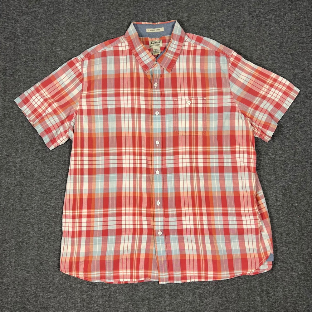 LL Bean Button Down Shirt Men's XXL Red Tartan Plaid Slightly Fitted